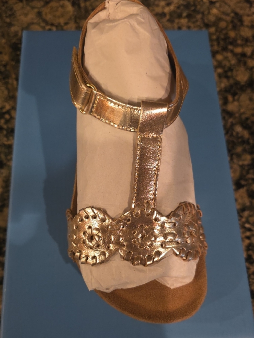 Jack Rogers girl's Gold T-Strap Sandal with Decorative Medallions